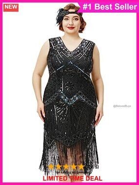 Plus Size 1920s Flapper Dress Fringe Sequin V-Neck Midi Costume